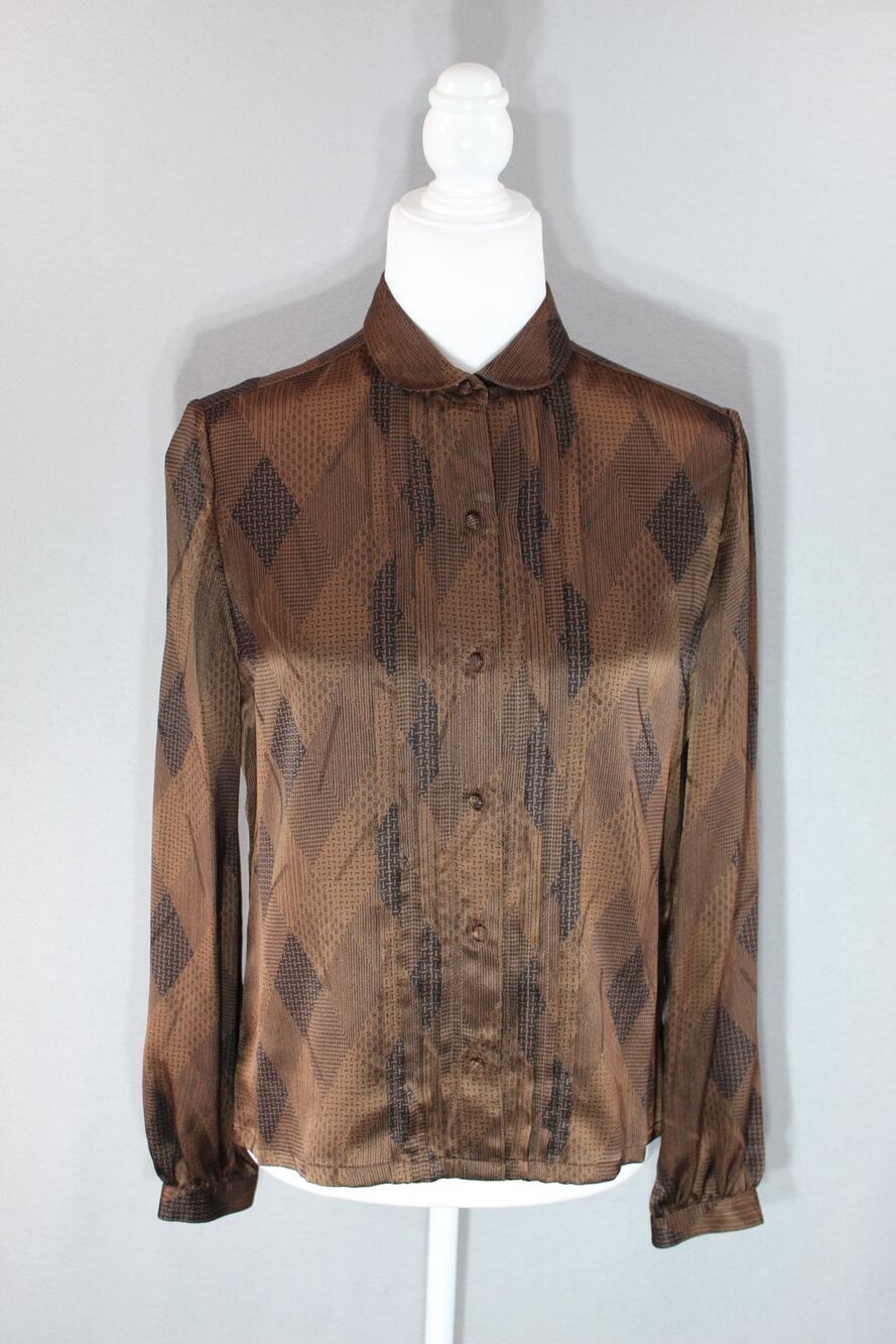 Vintage Givenchy Brown Geometric Argyle Blouse Womens 8 Button Up Long Sleeve
